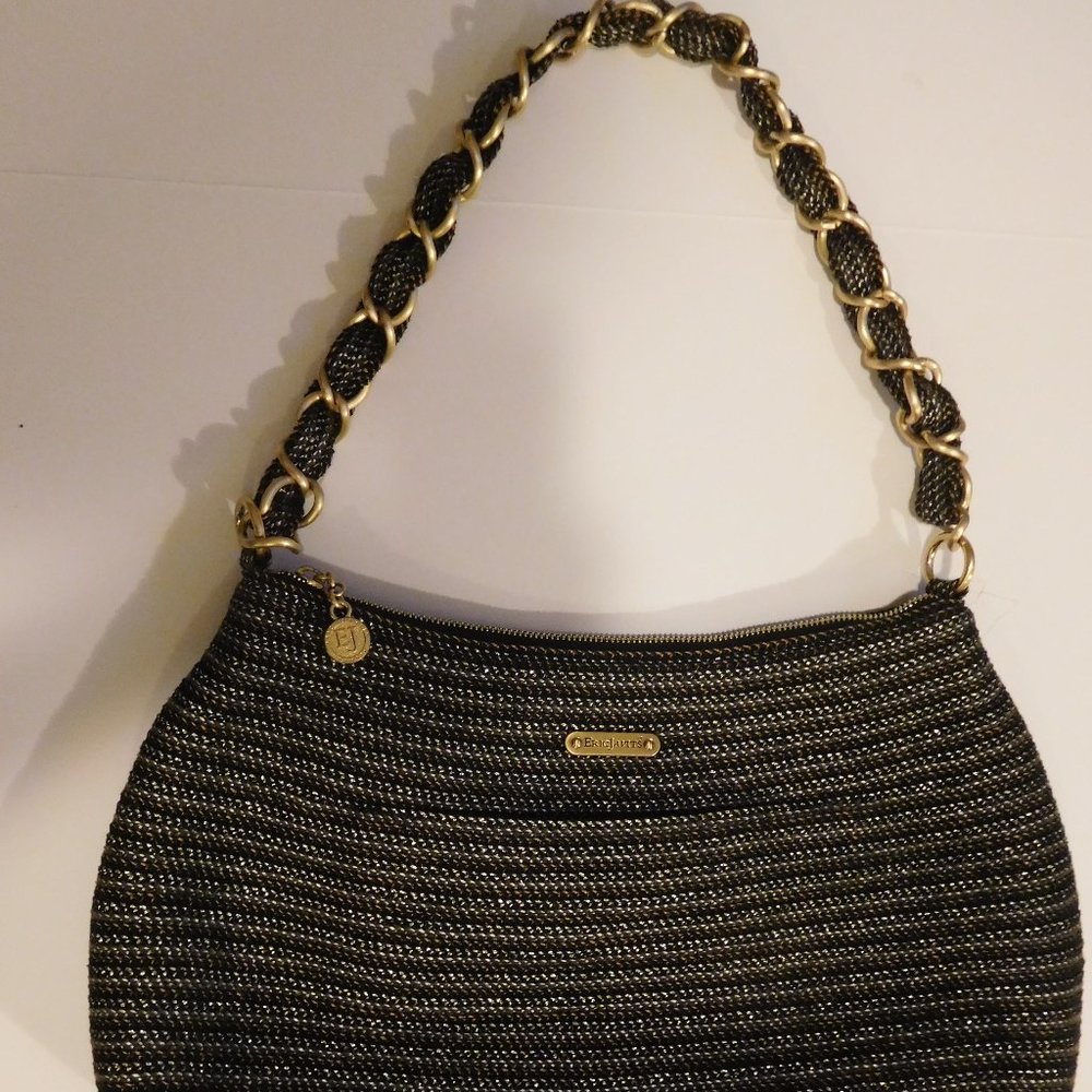 Eric Javits Squishee Straw Braid Tan/Black Gold Braided Chain Strap Handbag